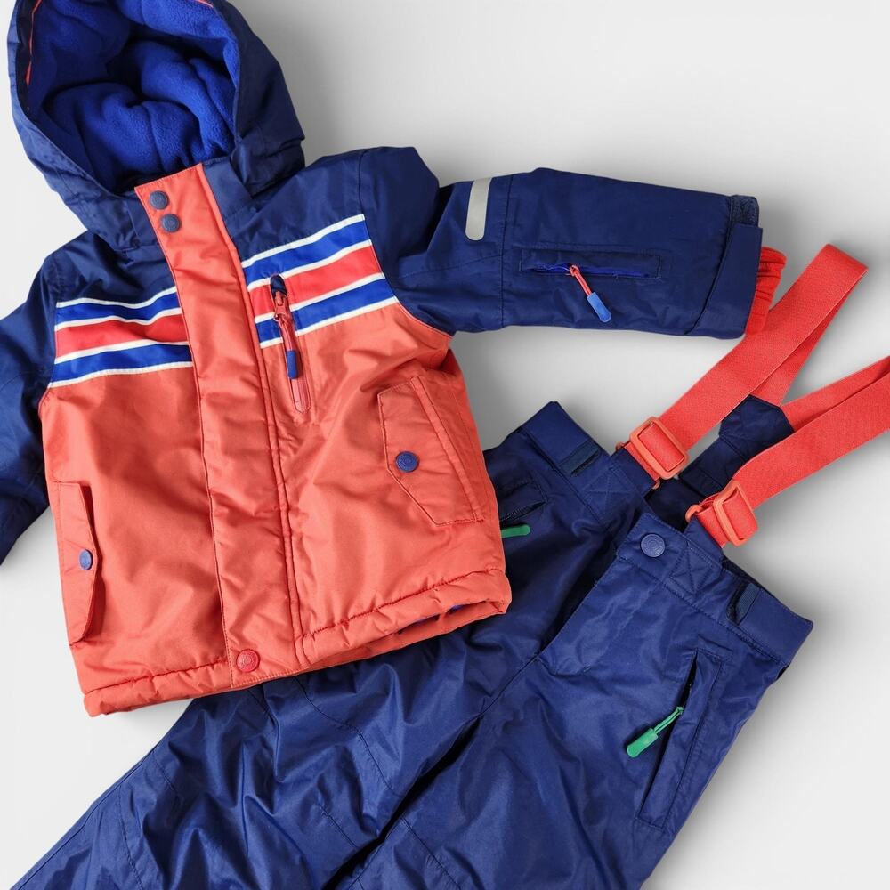Mini Boden All Weather Jacket Boys 2-3Y Blue Red Hooded Bib Pants Insulated 3-4Y